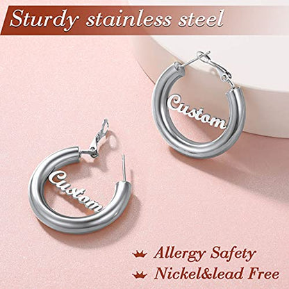 FindChic Hoop Earrings for Women, Silver/Black/14K Gold Plated Hypoallergenic Hollow Round Tube Loop Earrings, 20mm/30mm/40mm/60mm/80mm Chunky Hoops with Custom Name Options & Gift Box - color: e.Silver (Custom Name), size: 30MM
