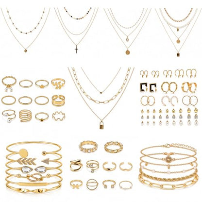 68-80 Pcs Jewelry Sets for Women, Gold Silver Bulk Jewelry Set with Rings Earrings Necklaces Bracelets, Hypoallergenic Fashion Jewelry Sets for Women Wedding Birthday Gifts - color: Gold 1
