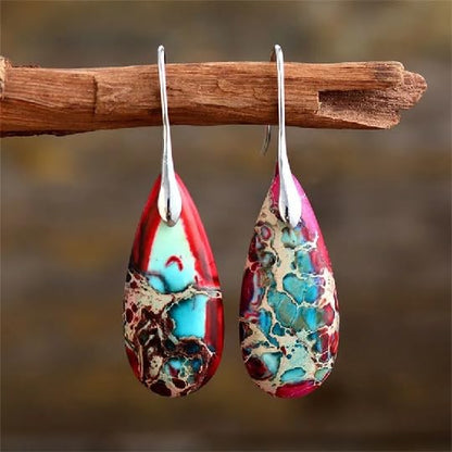 Boho Natural Imperial Jasper Teardrop Dangle Earrings for Women – Hypoallergenic French Hook Stone Drop Earrings Jewelry - color: Red Silvery Hook #2