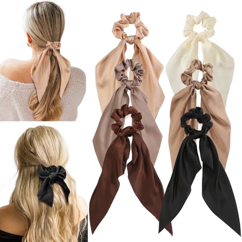 6 PCS Bow Silk Scrunchies, Hair Ties with Bows, Hair Scarf Scrunchies | Knotted Scrunchie Bow for Women , Satin Hair Ribbon Elastic Hair Tie, Long, Brown - color: Brown