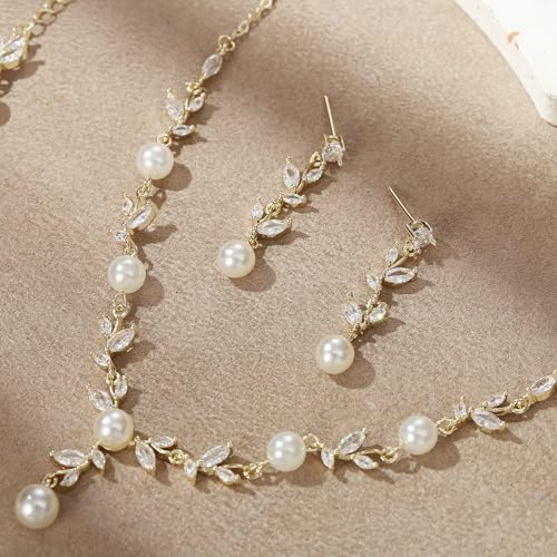 EleQueen Women's Simulated Pearl Wedding Jewelry Set for Brides | Cubic Zirconia Necklace Earrings Bracelet Set for Brides Bridesmaids, Bridal Jewelry Set for Anniversary/Memorial Day - style: Elegant Necklace Set Gold-Plated-Base