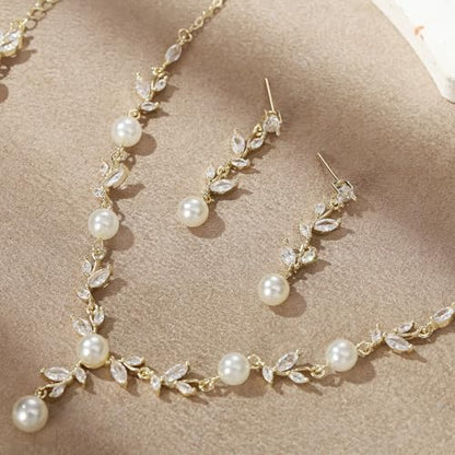 EleQueen Women's Simulated Pearl Wedding Jewelry Set for Brides | Cubic Zirconia Necklace Earrings Bracelet Set for Brides Bridesmaids, Bridal Jewelry Set for Anniversary/Memorial Day - style: Elegant Necklace Set Gold-Plated-Base
