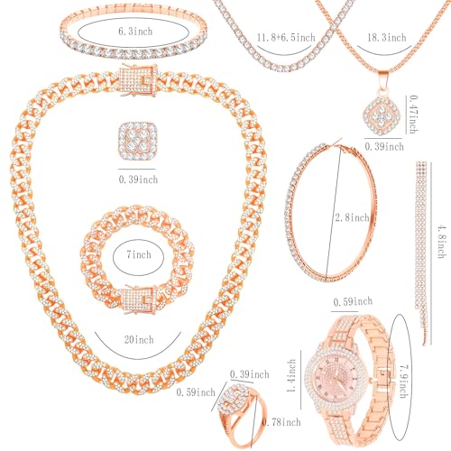 NEWITIN 13 Pieces Silver Jewelry Set for Women Stainless Steel Cuban Link Necklaces Bracelets Earrings Watch Ring Bling Cubic Zirconia Cuban Jewelry Set for Women Men - color: Rose Gold Jewelry Set