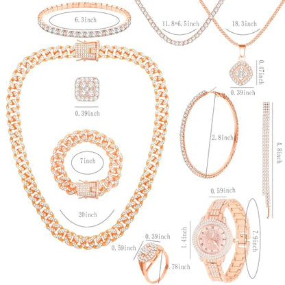 NEWITIN 13 Pieces Silver Jewelry Set for Women Stainless Steel Cuban Link Necklaces Bracelets Earrings Watch Ring Bling Cubic Zirconia Cuban Jewelry Set for Women Men - color: Rose Gold Jewelry Set