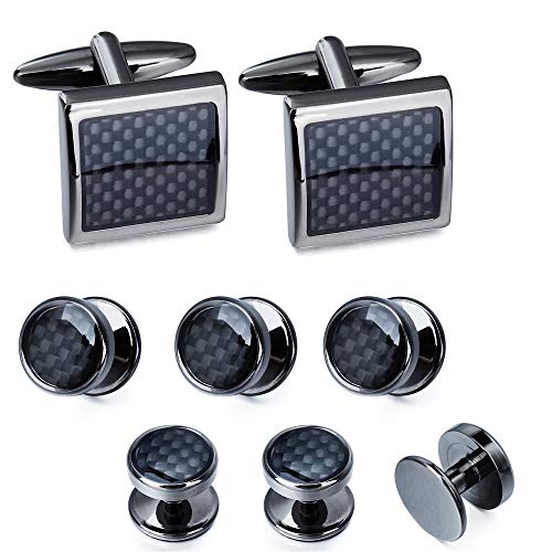 Mens Cufflinks and Tuxedo Studs Set in Gift Box (Carbon Fiber), Jewelry or Accessories in Gold Silver Black Tone, Matching with Shirts Vest and Bow tie, Suitable for Birthday Wedding Anniversary - color: Black / Gun Plated