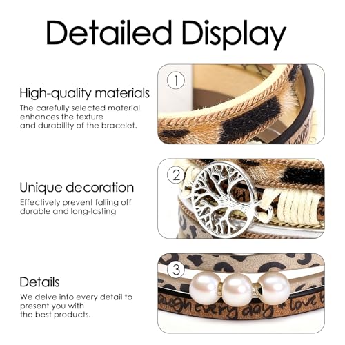 Leather Wrap Bracelets for Women, Boho Leopard Multi-Layer Crystal Beads Cuff Jewelry - color: J-Warp-001