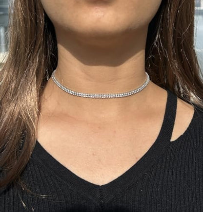 WangGao Dual Layer Stainless Steel Rhinestone Choker Tennis Necklace - color: Silver