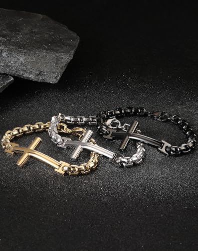 Stainless Steel Mens Cross Bracelet - 18K Gold Plated 316L Christian - Religious Jewelry for Women - color: Rhodium plated