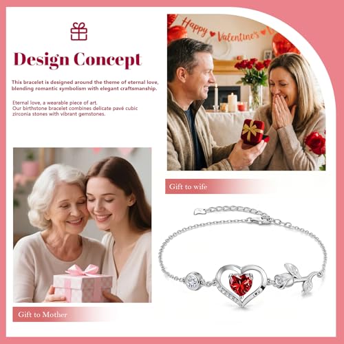 1CT Rose Heart Birthstone Bracelet for Women Love Gift - style: 01/07-Jan/July Ruby Silver