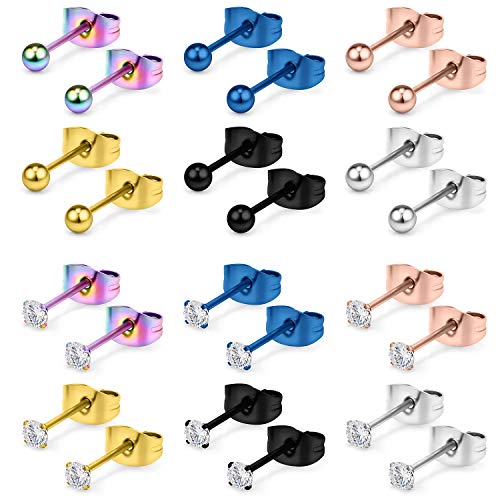 20G Mix Color Stainless Steel Ball Clear CZ Stud Earrings for Men Women Round 3-8mm 6-12Pairs - style: 12Pairs - 3mm