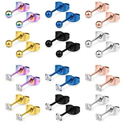 20G Mix Color Stainless Steel Ball Clear CZ Stud Earrings for Men Women Round 3-8mm 6-12Pairs - style: 12Pairs - 3mm