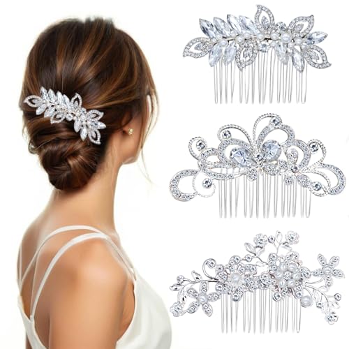 3 Pieces Bridal Hair Side Combs, Crystal Hair Combs, Bridal Bridesmaid Rhinestone Hair Accessories Party Headpieces（Silver）