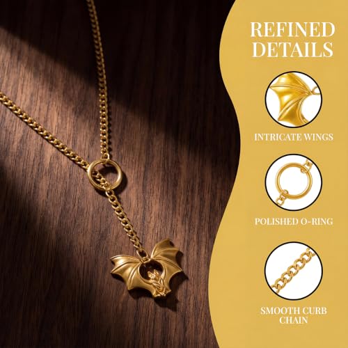 Slip Chain Necklace for Women Gothic Stainless Steel Bar Pendant Cuban Link Necklaces Adjustable Goth O Ring Long Necklaces Punk Rock Collar Choker Trendy Lariat Y Necklace - color: Gold bat
