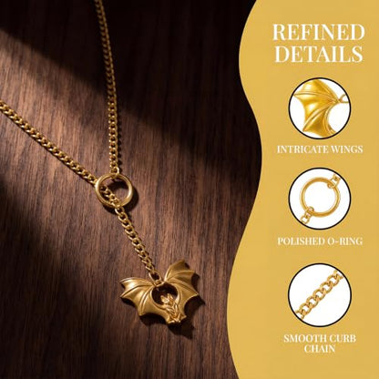Slip Chain Necklace for Women Gothic Stainless Steel Bar Pendant Cuban Link Necklaces Adjustable Goth O Ring Long Necklaces Punk Rock Collar Choker Trendy Lariat Y Necklace - color: Gold bat