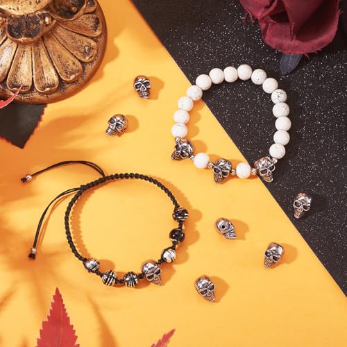 Elecrelive 10Pcs Skeleton Skull Beads Stainless Steel Skull Head Beads Halloween Charms for Gothic Necklace Bracelets Earrings Jewelry Making - color: Steel Color