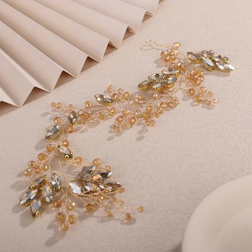 Teyglen Champagne Crystal Rhinestone Beads Headband Flower Bridal Wedding Hair Vine for Bride Headpiece Party Prom Bridal Hair Accessories for Women (Champagne) - color: Champagne