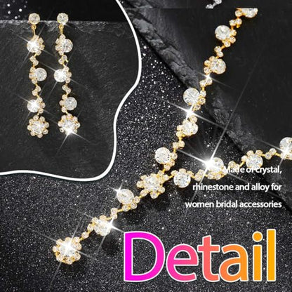Aukmla Rhinestone Wedding Prom Jewelry Sets Silver Diamond Necklaces and Earring Bracelet Set for Brides and Women - color: Gold