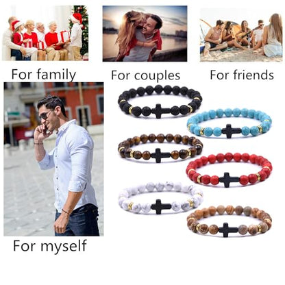 Beaded Bracelets Cross Bracelet for Women Men Lava Rock Turquoise Tiger Eye Natural Bracelet Anxiety Healing - color: 6 Pcs- black cross 1