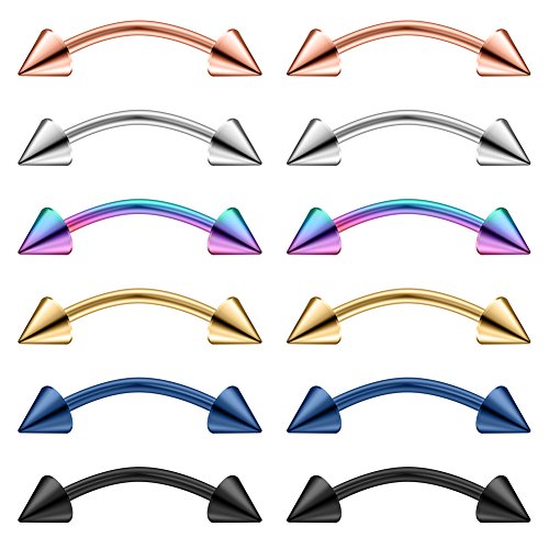 Ruifan 12pcs Surgical Steel Tiny Curved Eyebrow Ear Navel Belly Lip Ring Barbell Piercing Jewelry 20g 6mm/8mm/10mm - style: 12PCS - 20G 1/4" w Spikes