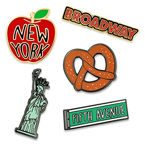 PinMart New York Souvenir Enamel Lapel Pin Collection - NYC Collectible Travel Gifts, Backpack Pins & Tote Bag Accessories, Cool New York City Keepsakes, Landmark Souvenir Designs - color: New York Pin Set Gold and Black Nickel Plated, size: Set of 5