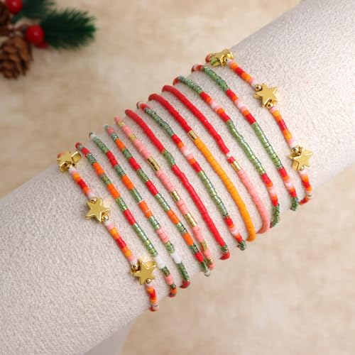 Gold Seed Beaded Bracelets Set for Women, Boho Handmade Friendship Stretch Summer Beach Jewelry Gift. - color: Fall Orange Red Green
