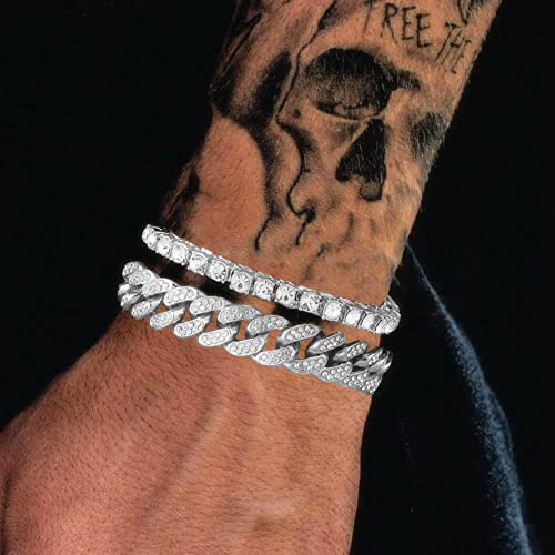 HH BLING EMPIRE 14K Gold and Silver Bracelets Diamond Tennis and Cuban Link Bracelet for Men Women Hip Hop Jewelry - color: Set A-Silver, size: 7.5"