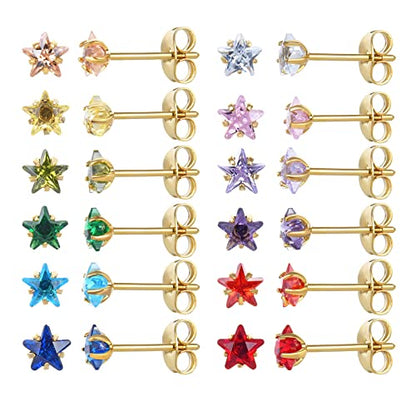 12 Pairs 18K Gold Plated Surgical Stainless Steel Stud Earrings, Star Heart Square Stud Earring for Women, Cubic Zirconia Birthstone Stud Earrings Set - color: Gold star 5mm