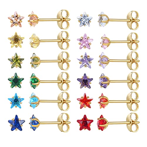 12 Pairs 18K Gold Plated Surgical Stainless Steel Stud Earrings, Star Heart Square Stud Earring for Women, Cubic Zirconia Birthstone Stud Earrings Set - color: Gold star 4mm