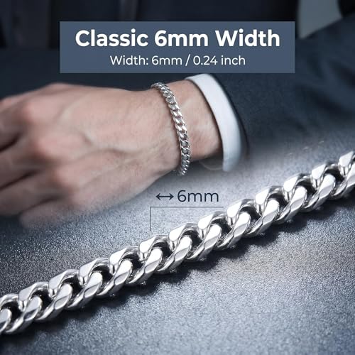 S925 Sterling Silver 6mm Cuban Link Chain Bracelets for Men,2.5mm Rope Chain Mens Bracelet Set for Men's&woman,Trendy hip-hop stacking Chain Gift Boyfriend/Girlfriend,Non Tarnish Hypoallergenic - style: Sterling Silver Cuban link