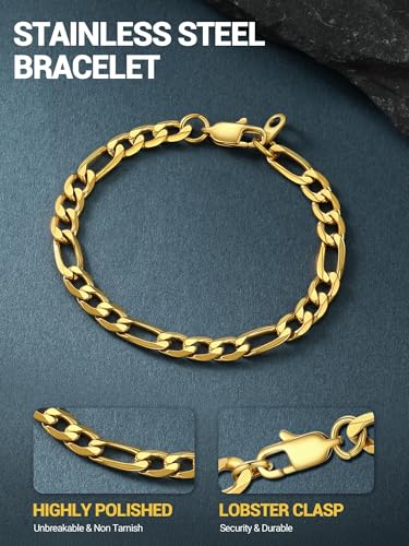 PROSTEEL Bracelets for Men, Figaro/Cuban Mens Bracelet, Silver/Gold/Black | 6/9/13mm Width, 7.5/8.3/9" Length, Stainless Steel Mens Bracelet, Durable & Non Tarnish, Chunky Jewelry with Gift Box - style: A 6mm-Figaro-Gold