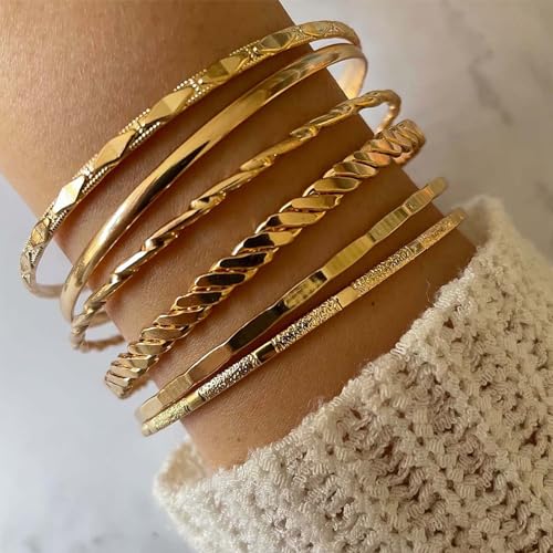 IFKM Gold Bangle Bracelets For Women, 14k Gold Plated Multi Layer Stackable Cuff Bracelet Set, Trendy Elegance Charms Non Tarnish Minimalist Textured Boho Jewelry Gift for Women - style: 6pcs Rhombus smooth intersect
