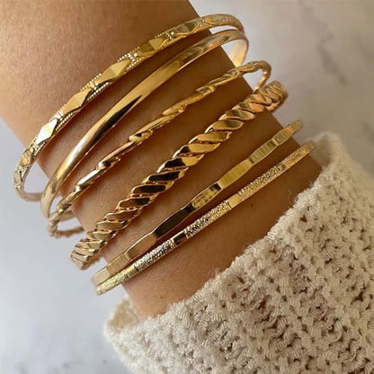IFKM Gold Bangle Bracelets For Women, 14k Gold Plated Multi Layer Stackable Cuff Bracelet Set, Trendy Elegance Charms Non Tarnish Minimalist Textured Boho Jewelry Gift for Women - style: 6pcs Rhombus smooth intersect
