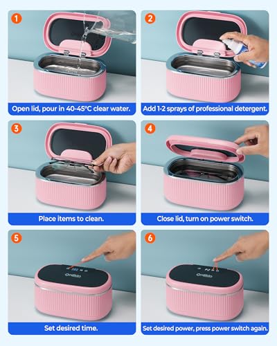 35W Ultrasonic Jewelry Cleaner, 45KHz Retainer Cleaner for Jewelry, 5 Timer & 3 Power Modes, Eyeglasses, Rings, Watch Strap, Dentures - 20oz, 304 Stainless Steel Tank, Quiet <38dB (Pink) - color: Pink