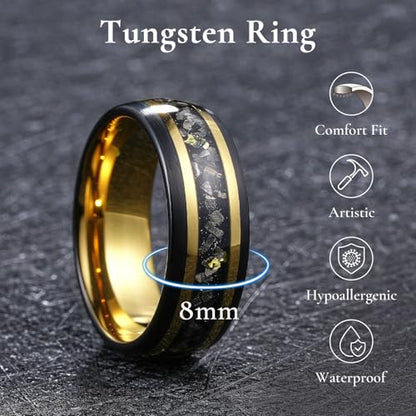 King Will Black Tungsten Rings for Men Hammer Wedding Band | Black, Grooved, Hammer Wedding Band Gold Groove, Sand Inlay, Everyday Wear - color: Meteorite & Golden Foil