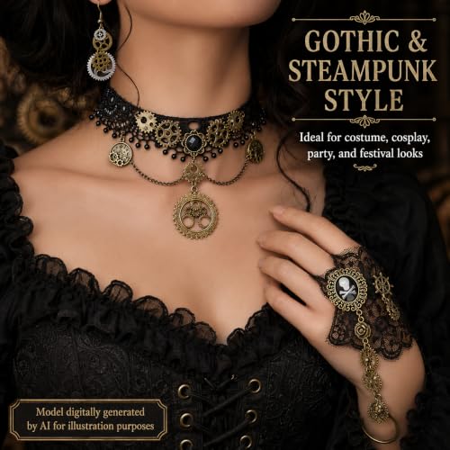 Steampunk Accessories Set Lace Choker Necklace Hand Chain Bracelet Earrings | Vintage Gothic Jewelry Gear Pendant Cosplay Costume Halloween Outfit Women Teen Festival Apparel Retro Victorian Style