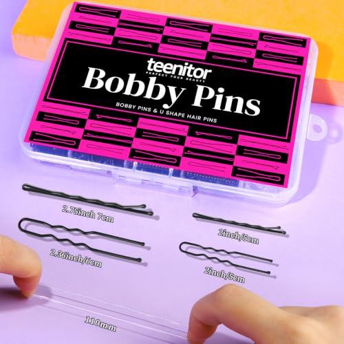 Teenitor 300pcs Hair Pins Bobby Pins Black, 100 Black Bobby Pins 2" 2.75"100 Hair Pins for Women and 100 Clear Hair Bands Kit, U Pins for Buns 2" 2.36" - color: Black
