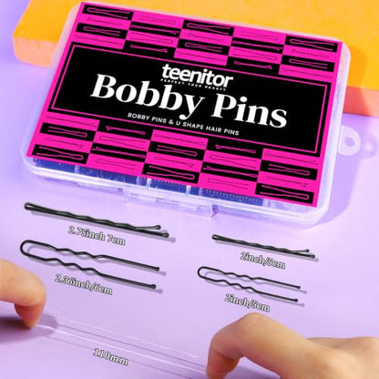 Teenitor 300pcs Hair Pins Bobby Pins Black, 100 Black Bobby Pins 2" 2.75"100 Hair Pins for Women and 100 Clear Hair Bands Kit, U Pins for Buns 2" 2.36" - color: Black