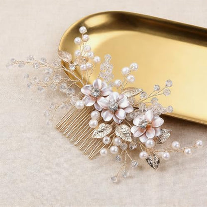 Flower Leaf Design Wedding Hair Comb, Metal Bridal Hair Accessory with Rhinestone, Wedding Prom Hair Clip Headpiece for Women (Gold Flower) - color: Gold Flower
