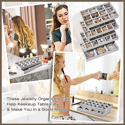 12 Pcs Jewelry Tray Velvet Stackable Jewelry Organizer Trays Divided Earring Accessories Storage Containers Box (Rose Red) - color: Gray