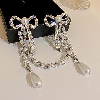 Suits Pearl Double Bow pearl Chain Brooch Pearl-Crystal Anti-exposure bowknot tassel brooch for girls and women