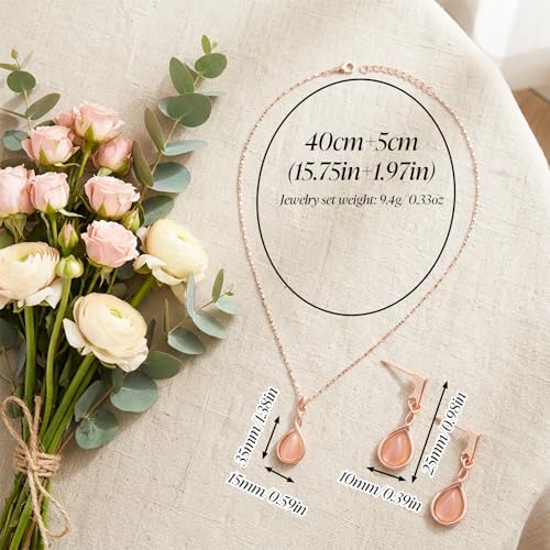 Amabro Teardrop Pendant Rose Gold Necklaces Earrings Jewelry Sets for Women | Pink Opal Water Drop Necklace & Earrings Adjustable Accessories Wedding Birthday Prom Formal Brides Bridesmaid