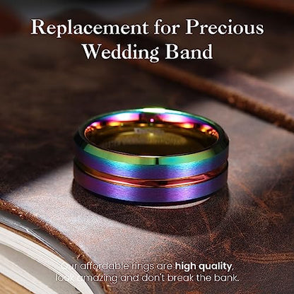King Will Mens 8mm Cross Groove Tungsten Carbide Wedding Ring | Rose Gold, 8mm, Grooved, Comfort Fit, Cross design, Everyday Wear - color: Rainbow 8mm