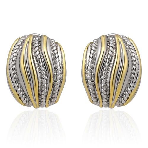 Mytys Two Tone Huggie Hoop Earrings Cross Over Design Twisted Rope Silver Gold Statement Wide Band Clip On Hoops for Women Fashion Jewelry Gift - color: solid Gold & Silver