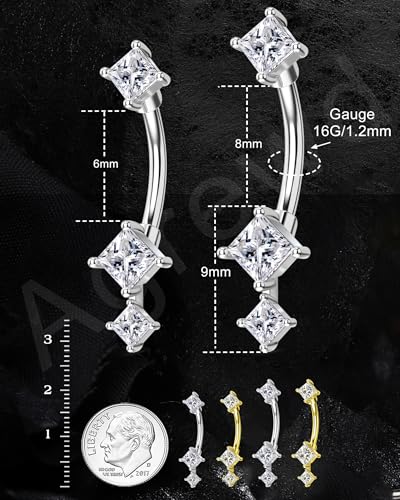 Minimalist Rook Earrings 8MM Silver Rook Piercing Jewelry Stainless Steel Clear CZ 16G Belly Button Ring Curved Barbell - color: Silver-6MM