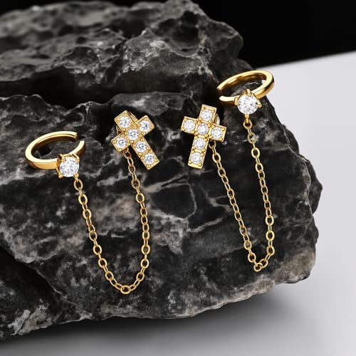 Cicy Bell Ear Cuff Earrings for Women Cubic Zirconia Stud Chain Earrings | 18k Gold Plated Clip On Climber earrings Non Piercing Waterproof Jewelry Gifts Birthday Party - color: Gold-StyleA