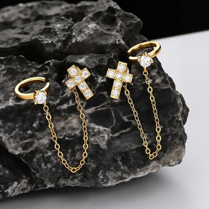 Cicy Bell Ear Cuff Earrings for Women Cubic Zirconia Stud Chain Earrings | 18k Gold Plated Clip On Climber earrings Non Piercing Waterproof Jewelry Gifts Birthday Party - color: Gold-StyleA