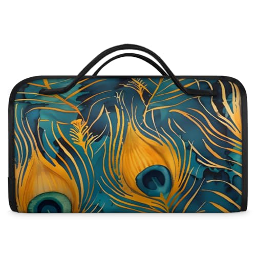 Bohemian Peacock Feather Hanging Roll Up Cosmetic Bag with 4 Removable Storage Bags Waterproof Foldable Toiletry Kit for Women - color: Multicolor 11