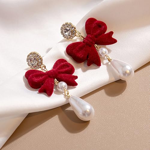 Pearl Bow Earrings for Women Coquette Aesthetic Jewelry Rhinestone Bow Earrings for Bridesmaids Wedding Party Accessories Bridal Costume Accents Bowknot Themed Gifts - color: H1: Red Bow Pearl Earrings