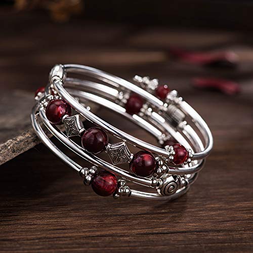 Beaded Pearl Bangle Wrap Bracelet - Fashion Bohemian Jewelry Multilayer Charm Bracelet with Thick Silver Metal Beads, Gift For Women - color: Dark Red
