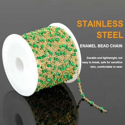 KYUNHOO Gold Plated Jewelry Chain Roll Stainless Steel Cable Chain Links | 16.4 Feet Green Rosary Bead Chains with Jewelry Findings for Necklace Bracelet Making - color: Gold-Green-2mm
